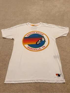 Aviator Nation White Tee with Multicolor Retro Stripe Nashville Graphic